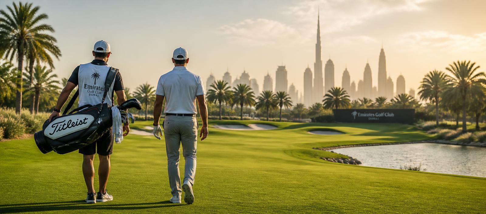 Golf caddy carrying a bag alongside a golfer on a Dubai fairway
