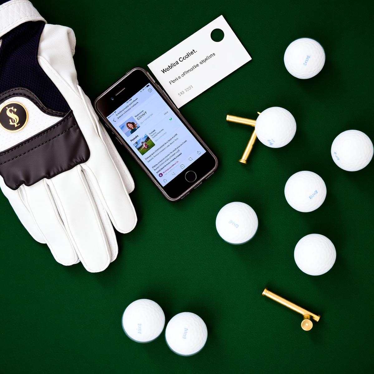 Golf glove, phone and golf balls arranged on a green surface