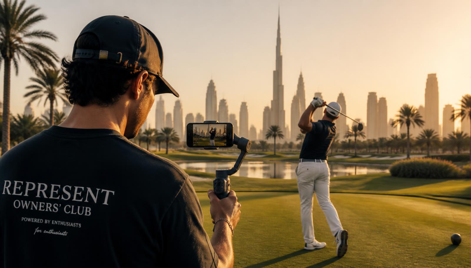Content creator filming a golfer at a Dubai golf course at golden hour