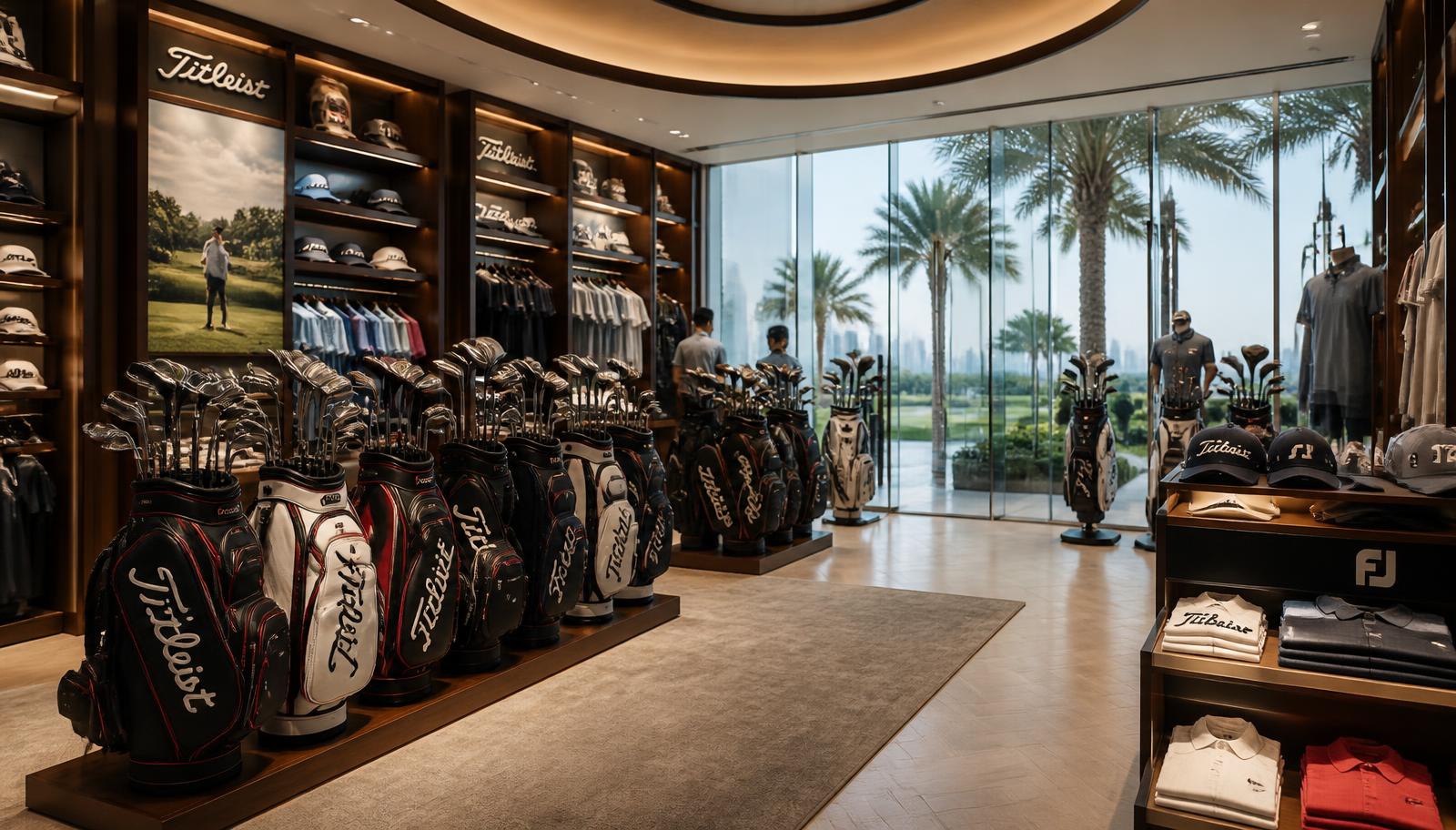 Premium golf pro shop interior in Dubai with bags and clubs on display