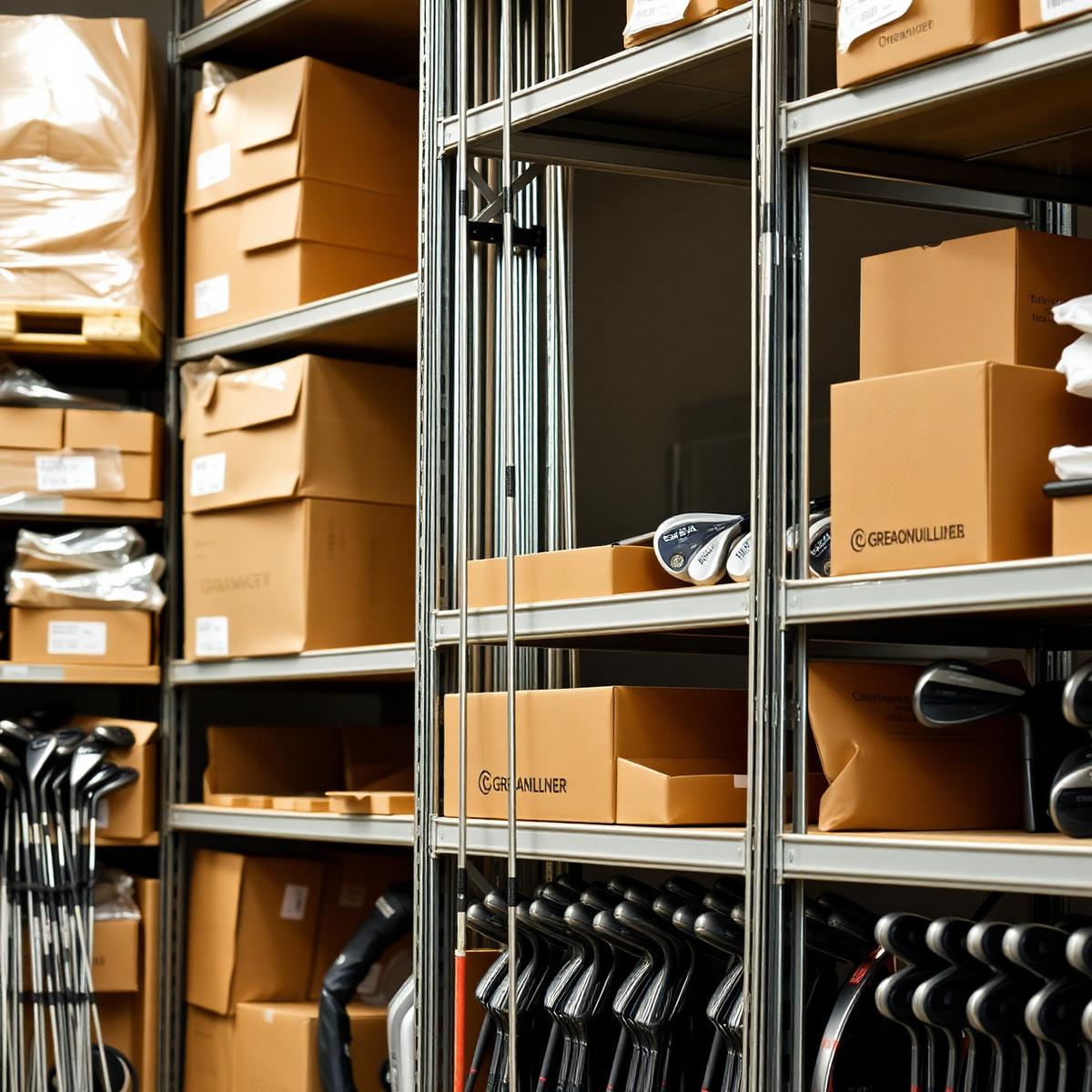 Golf clubs and boxed equipment organised on stockroom shelving