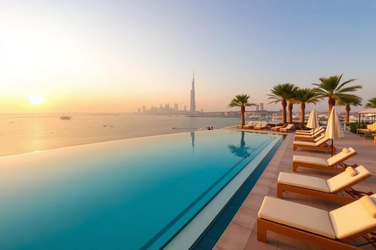 Dubai beach club with infinity pool at sunset