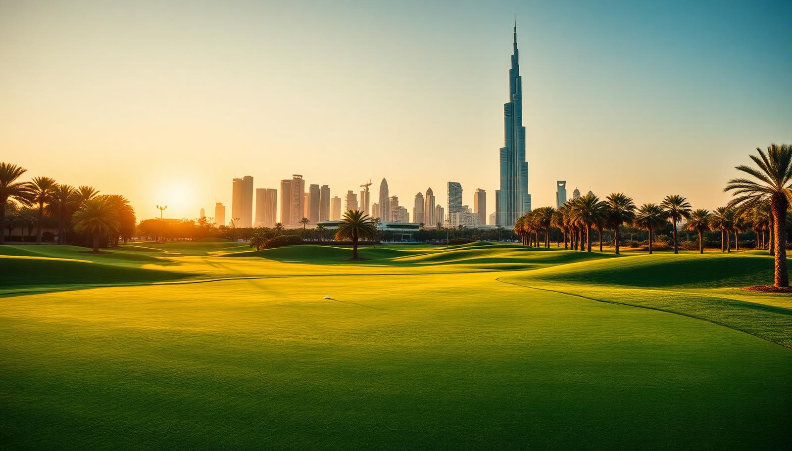 Dubai golf course fairway at sunset with the Dubai skyline behind it