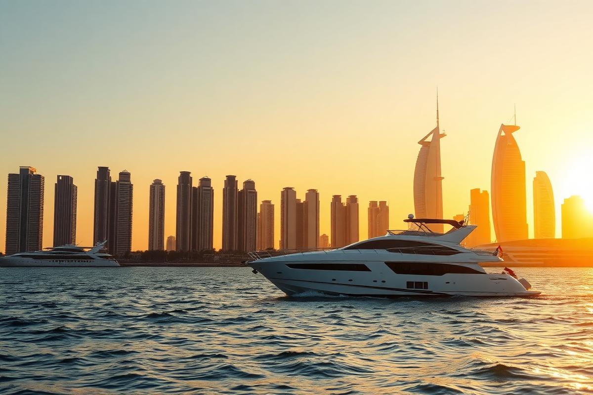 Private yacht cruising past the Dubai Marina skyline