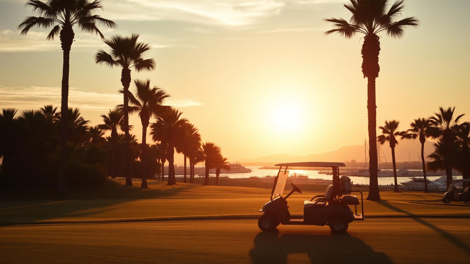 Golf buggy on a palm-lined fairway at sunset near a marina