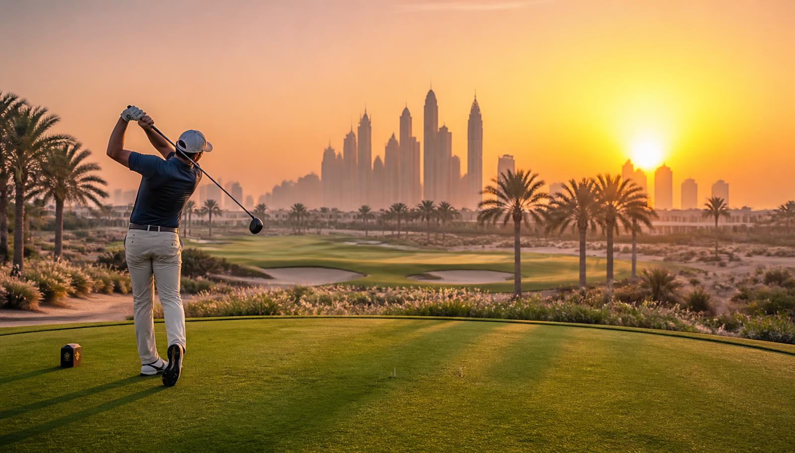 Golfer teeing off at sunrise on a desert golf course with palms and a distant skyline