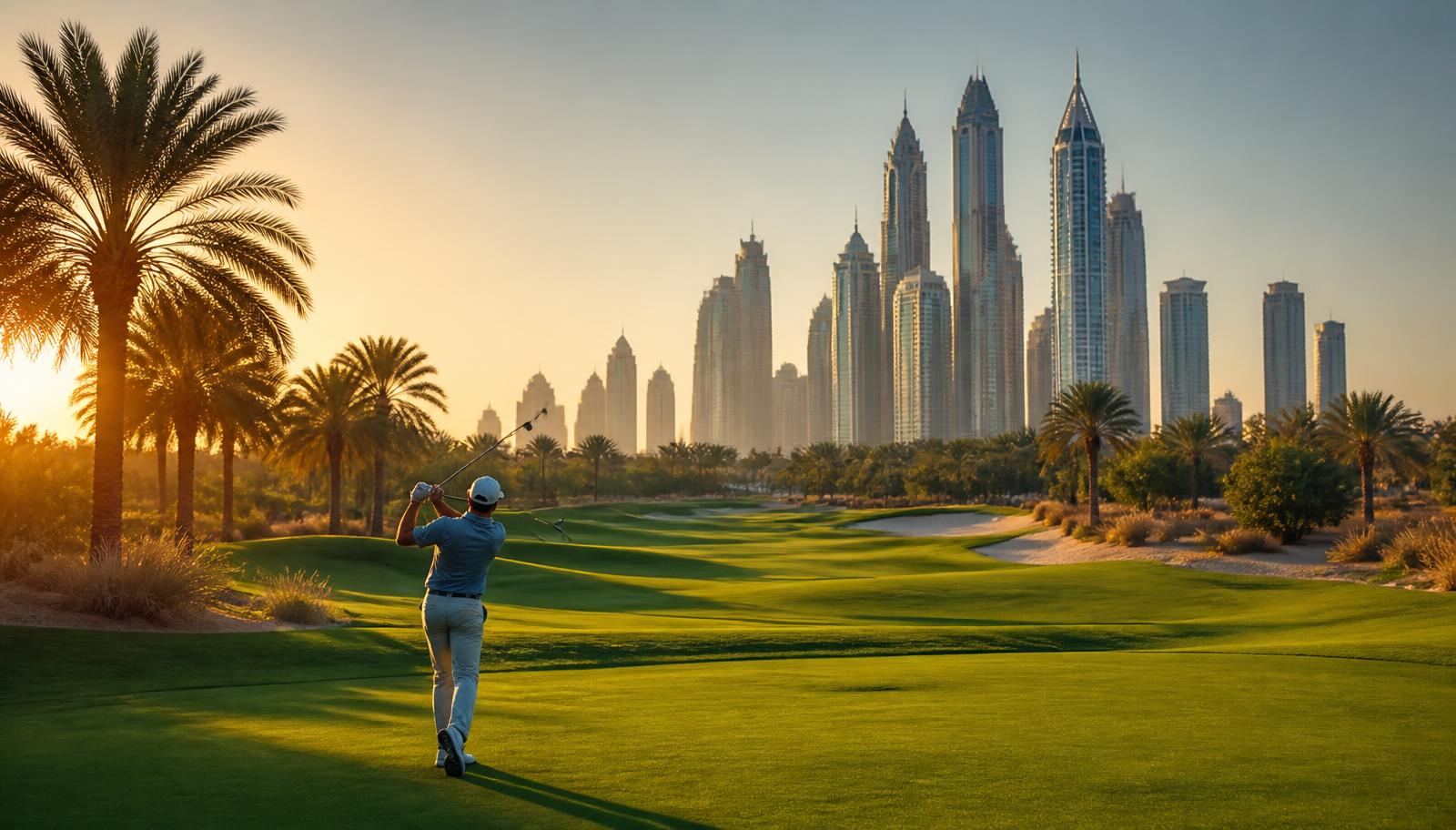 Golfer on a Dubai fairway at golden hour with palm trees and the city skyline behind