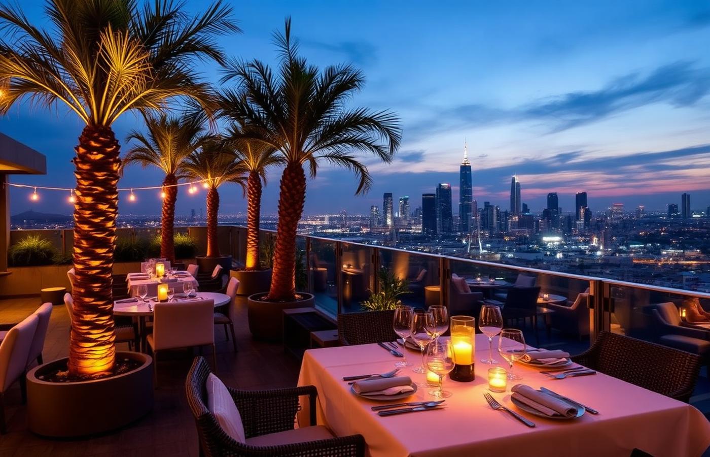 Rooftop restaurant terrace at dusk with palm trees and a city skyline
